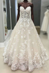 Strapless Champagne Lace Wedding Dresses Semi Formal Prom Dress, Formal Gown